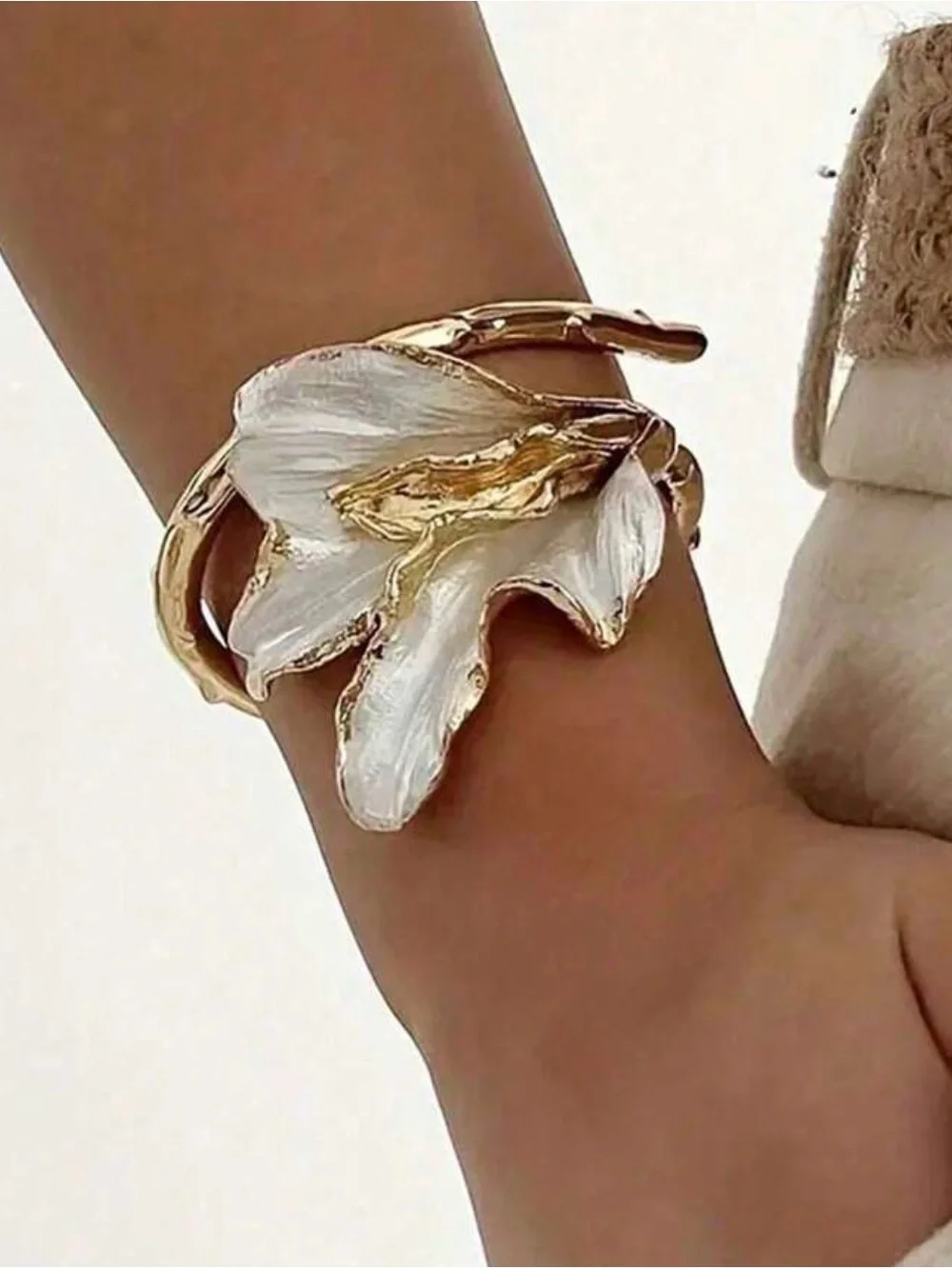 Gold and White Floral Cuff Bracelet - Elegant Women’s Jewelry